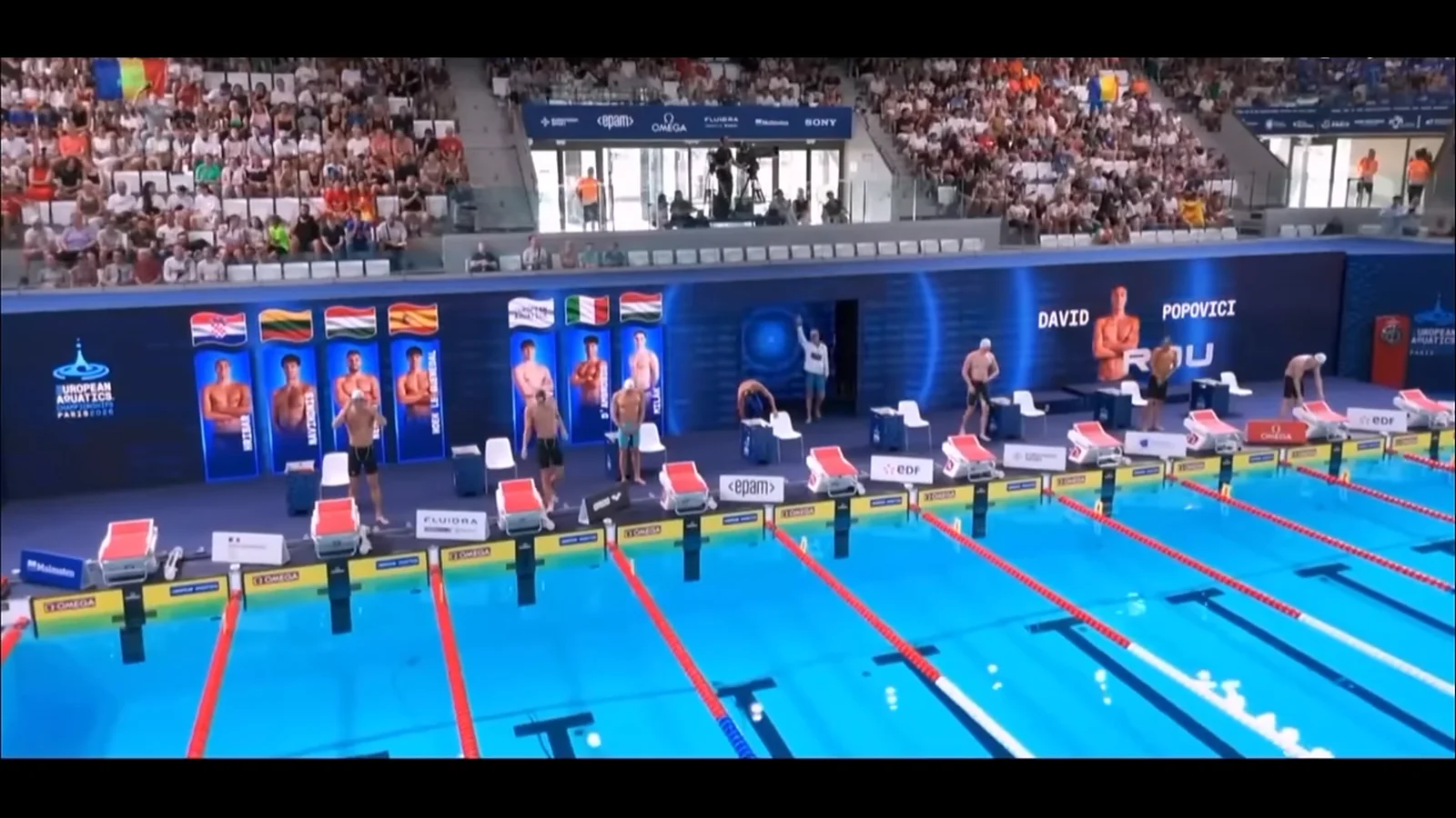 European Aquatics Championships start list on the venue video wall